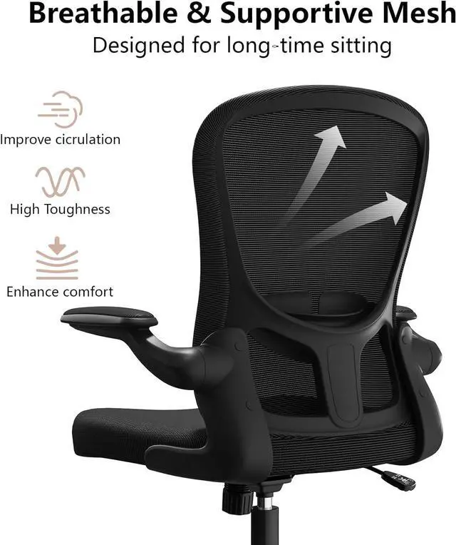 Alt view image 5 of 7 - Ergonomic Office Chair, Comfort Swivel Home Office Task Chair, Breathable Mesh Desk Chair, Lumbar Support Computer Chair with Flip-up Arms and Adjustable Height