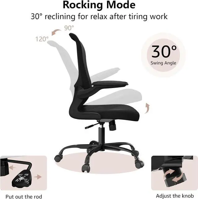 Alt view image 6 of 7 - Ergonomic Office Chair, Comfort Swivel Home Office Task Chair, Breathable Mesh Desk Chair, Lumbar Support Computer Chair with Flip-up Arms and Adjustable Height
