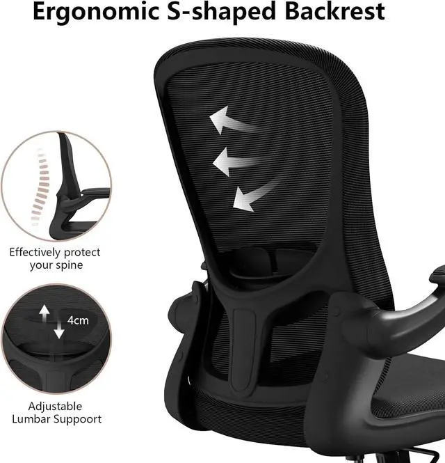 Alt view image 7 of 7 - Ergonomic Office Chair, Comfort Swivel Home Office Task Chair, Breathable Mesh Desk Chair, Lumbar Support Computer Chair with Flip-up Arms and Adjustable Height