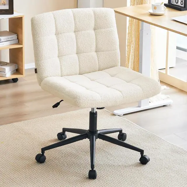 Main image of Wide Armless Desk Chair with Wheels, Mid Back Swivel Criss Cross Chair for Home Office, Height Adjustable Wide Seat Home Office Task Chairs, Faux Fur White
