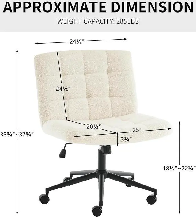Alt view image 2 of 7 - Wide Armless Desk Chair with Wheels, Mid Back Swivel Criss Cross Chair for Home Office, Height Adjustable Wide Seat Home Office Task Chairs, Faux Fur White