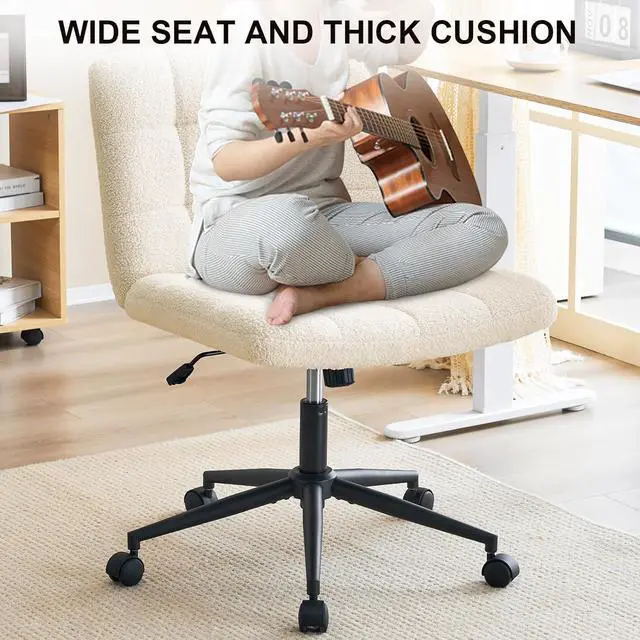 Alt view image 3 of 7 - Wide Armless Desk Chair with Wheels, Mid Back Swivel Criss Cross Chair for Home Office, Height Adjustable Wide Seat Home Office Task Chairs, Faux Fur White