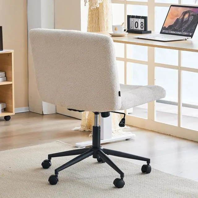 Alt view image 4 of 7 - Wide Armless Desk Chair with Wheels, Mid Back Swivel Criss Cross Chair for Home Office, Height Adjustable Wide Seat Home Office Task Chairs, Faux Fur White