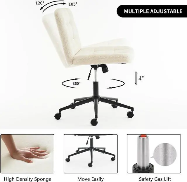 Alt view image 6 of 7 - Wide Armless Desk Chair with Wheels, Mid Back Swivel Criss Cross Chair for Home Office, Height Adjustable Wide Seat Home Office Task Chairs, Faux Fur White