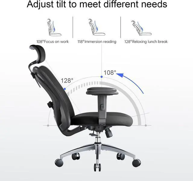 Alt view image 7 of 7 - M18 Ergonomic Office Chair for Big and Tall People Adjustable Headrest with 2D Armrest Lumbar Support and PU Wheels Swivel Tilt Function Black