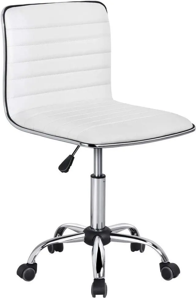 Main image of Adjustable Task Chair PU Leather Low Back Ribbed Armless Swivel White Desk Chair Office Chair Wheels