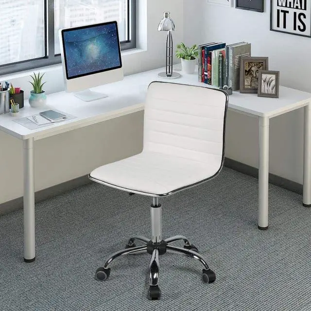 Alt view image 6 of 7 - Adjustable Task Chair PU Leather Low Back Ribbed Armless Swivel White Desk Chair Office Chair Wheels