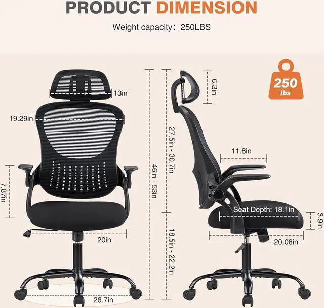 Alt view image 2 of 7 - Office Computer Desk Chair, Ergonomic High-Back Mesh Rolling Work Chairs with Wheels and Adjustable Headrests, Comfortable Lumbar Support, Comfy Flip-up Arms for Home, Bedroom, Study,Black