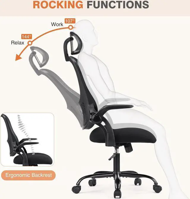 Alt view image 5 of 7 - Office Computer Desk Chair, Ergonomic High-Back Mesh Rolling Work Chairs with Wheels and Adjustable Headrests, Comfortable Lumbar Support, Comfy Flip-up Arms for Home, Bedroom, Study,Black