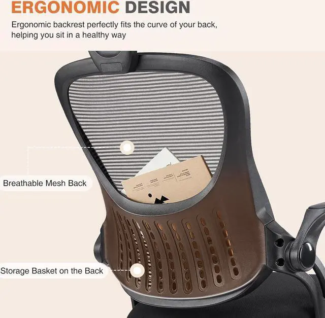 Alt view image 6 of 7 - Office Computer Desk Chair, Ergonomic High-Back Mesh Rolling Work Chairs with Wheels and Adjustable Headrests, Comfortable Lumbar Support, Comfy Flip-up Arms for Home, Bedroom, Study,Black