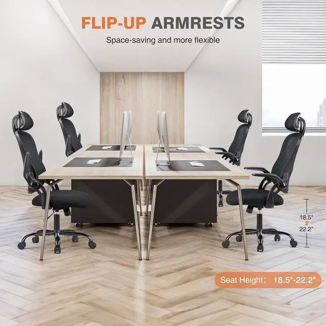 Alt view image 7 of 7 - Office Computer Desk Chair, Ergonomic High-Back Mesh Rolling Work Chairs with Wheels and Adjustable Headrests, Comfortable Lumbar Support, Comfy Flip-up Arms for Home, Bedroom, Study,Black