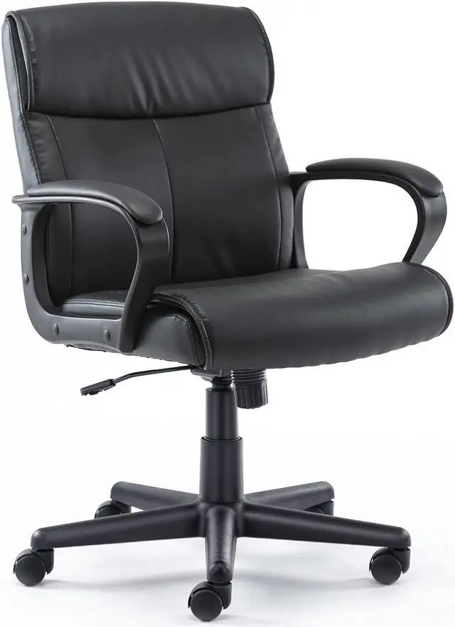 Main image of Office Chair - Mid-Back Computer Desk Chair with Armrests, Height Adjustable Home Chair, 360-Degree Swivel, Lumbar Support, PU Leather, Black