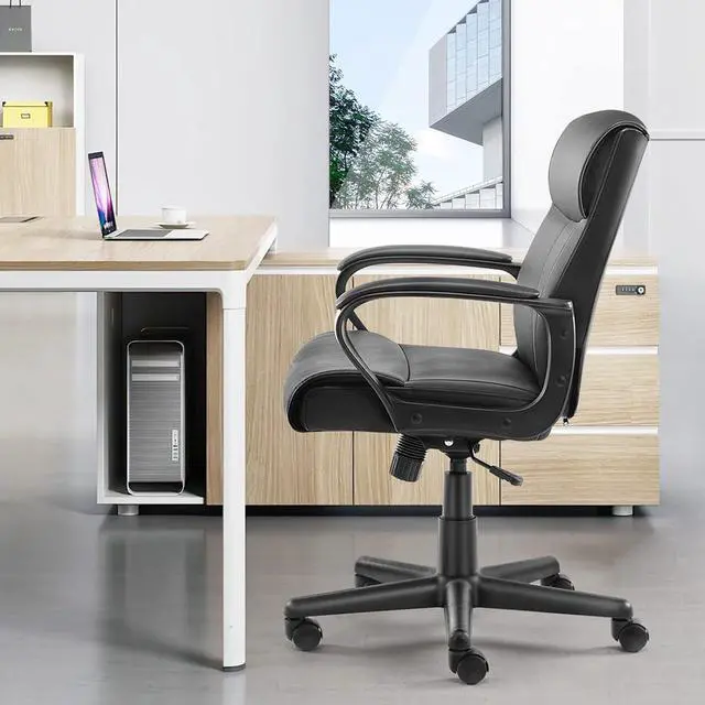 Alt view image 2 of 7 - Office Chair - Mid-Back Computer Desk Chair with Armrests, Height Adjustable Home Chair, 360-Degree Swivel, Lumbar Support, PU Leather, Black