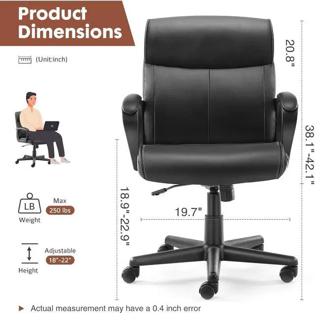 Alt view image 3 of 7 - Office Chair - Mid-Back Computer Desk Chair with Armrests, Height Adjustable Home Chair, 360-Degree Swivel, Lumbar Support, PU Leather, Black