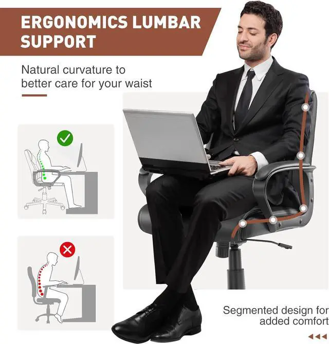 Alt view image 4 of 7 - Office Chair - Mid-Back Computer Desk Chair with Armrests, Height Adjustable Home Chair, 360-Degree Swivel, Lumbar Support, PU Leather, Black