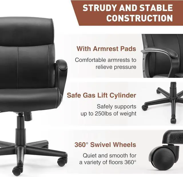 Alt view image 6 of 7 - Office Chair - Mid-Back Computer Desk Chair with Armrests, Height Adjustable Home Chair, 360-Degree Swivel, Lumbar Support, PU Leather, Black