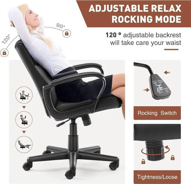 Alt view image 7 of 7 - Office Chair - Mid-Back Computer Desk Chair with Armrests, Height Adjustable Home Chair, 360-Degree Swivel, Lumbar Support, PU Leather, Black