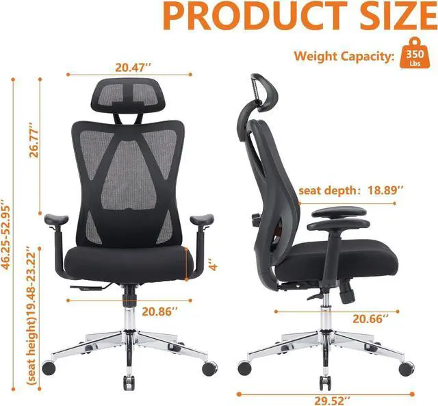 Alt view image 3 of 7 - Ergonomic Office Desk Computer Chair, High Back Comfy Swivel Home Gaming Mesh Chairs with Wheels, Adjustable Lumbar Support, Headrest, Liftable 2D Arms,135° Tilt for Bedroom, Study, Black