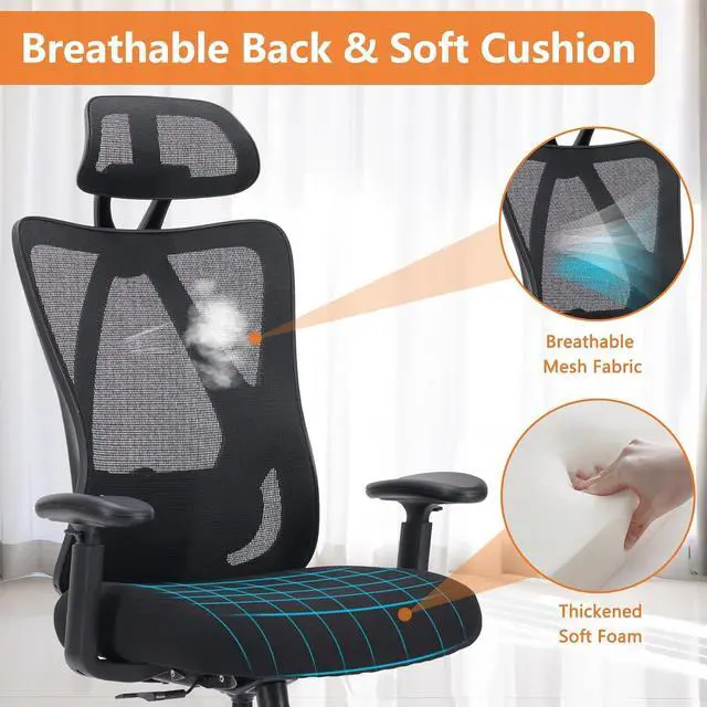 Alt view image 5 of 7 - Ergonomic Office Desk Computer Chair, High Back Comfy Swivel Home Gaming Mesh Chairs with Wheels, Adjustable Lumbar Support, Headrest, Liftable 2D Arms,135° Tilt for Bedroom, Study, Black