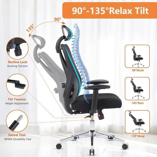 Alt view image 6 of 7 - Ergonomic Office Desk Computer Chair, High Back Comfy Swivel Home Gaming Mesh Chairs with Wheels, Adjustable Lumbar Support, Headrest, Liftable 2D Arms,135° Tilt for Bedroom, Study, Black