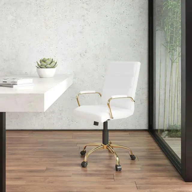 Alt view image 2 of 7 - Flash Furniture Whitney Mid-Back Desk Chair - White LeatherSoft Executive Swivel Office Chair with Gold Frame - Swivel Arm Chair