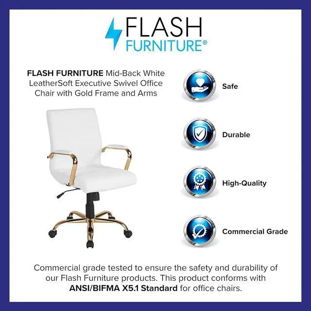 Alt view image 4 of 7 - Flash Furniture Whitney Mid-Back Desk Chair - White LeatherSoft Executive Swivel Office Chair with Gold Frame - Swivel Arm Chair