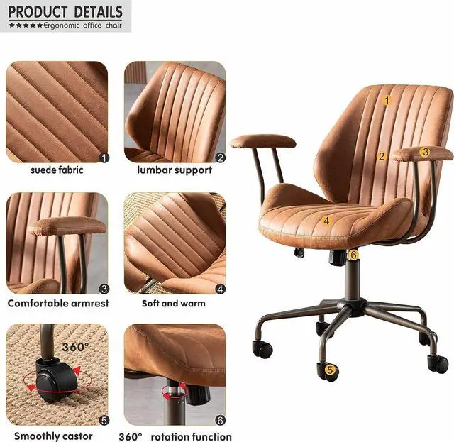 Alt view image 3 of 7 - Home Office Desk Chair Computer Chair with Mid Back Support Armrest Executive Rolling Swivel Height Adjustable Task Chair for Office,Living Room,Studying (Brown)