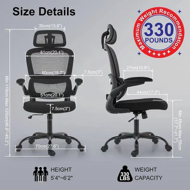 Alt view image 3 of 7 - Office Chair Ergonomic Desk Chair, 330 LBS Home Mesh Office Desk Chairs with Wheels, Comfortable Gaming Chair, High Back Office Chair for Long Hours, Office Chair for Study and Work (Black)