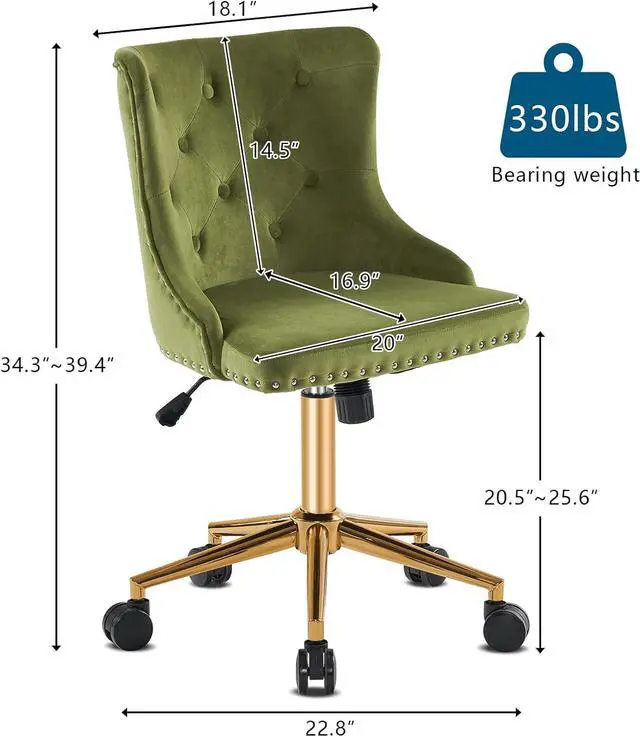 Alt view image 2 of 7 - Olive Green Velvet Armless Home Office Desk Chair with Gold Base/Wheels, Small Cute Vanity/Makeup Chair with Back for Bedroom, Upholstered Adjustable Rolling Swivel Nail Chair for Women/Girls