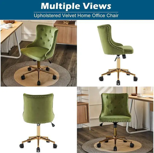 Alt view image 3 of 7 - Olive Green Velvet Armless Home Office Desk Chair with Gold Base/Wheels, Small Cute Vanity/Makeup Chair with Back for Bedroom, Upholstered Adjustable Rolling Swivel Nail Chair for Women/Girls