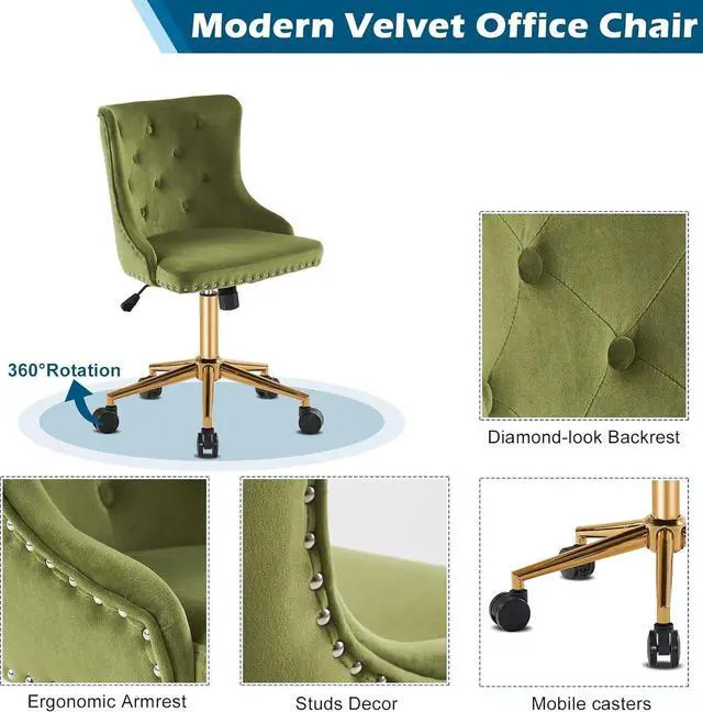 Alt view image 4 of 7 - Olive Green Velvet Armless Home Office Desk Chair with Gold Base/Wheels, Small Cute Vanity/Makeup Chair with Back for Bedroom, Upholstered Adjustable Rolling Swivel Nail Chair for Women/Girls