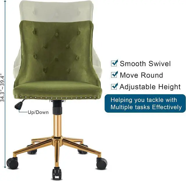 Alt view image 5 of 7 - Olive Green Velvet Armless Home Office Desk Chair with Gold Base/Wheels, Small Cute Vanity/Makeup Chair with Back for Bedroom, Upholstered Adjustable Rolling Swivel Nail Chair for Women/Girls