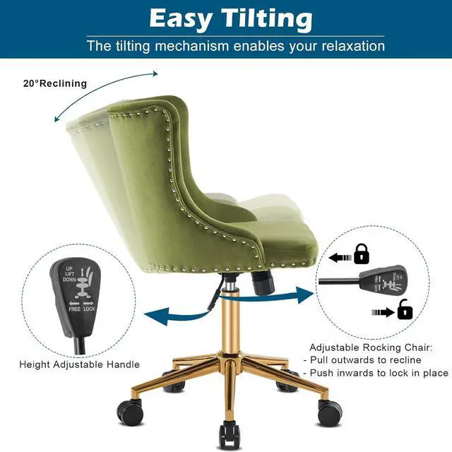 Alt view image 6 of 7 - Olive Green Velvet Armless Home Office Desk Chair with Gold Base/Wheels, Small Cute Vanity/Makeup Chair with Back for Bedroom, Upholstered Adjustable Rolling Swivel Nail Chair for Women/Girls