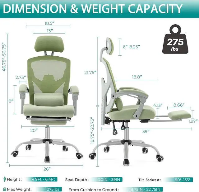 Alt view image 3 of 7 - Office Computer Desk Chair, Gaming Chairs for Adults, High-Back Mesh Rolling Swivel Reclining Chairs with Wheels, Comfortable Lumbar Support, Comfy Arms for Home, Office, Gaming, Student, Green