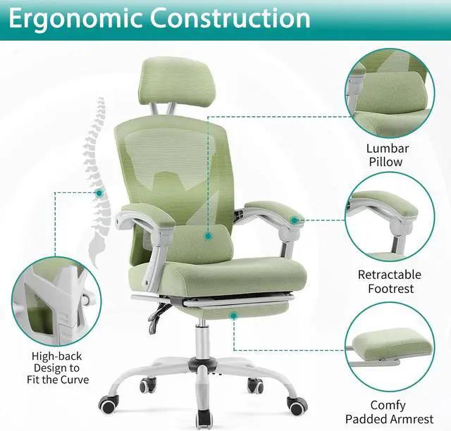 Alt view image 4 of 7 - Office Computer Desk Chair, Gaming Chairs for Adults, High-Back Mesh Rolling Swivel Reclining Chairs with Wheels, Comfortable Lumbar Support, Comfy Arms for Home, Office, Gaming, Student, Green