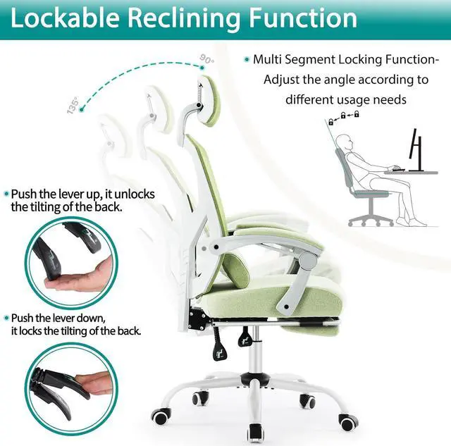 Alt view image 5 of 7 - Office Computer Desk Chair, Gaming Chairs for Adults, High-Back Mesh Rolling Swivel Reclining Chairs with Wheels, Comfortable Lumbar Support, Comfy Arms for Home, Office, Gaming, Student, Green