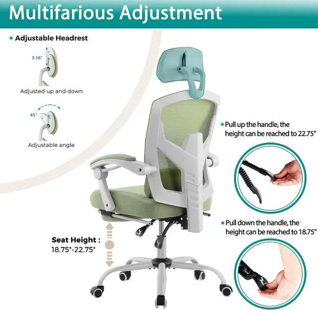 Alt view image 6 of 7 - Office Computer Desk Chair, Gaming Chairs for Adults, High-Back Mesh Rolling Swivel Reclining Chairs with Wheels, Comfortable Lumbar Support, Comfy Arms for Home, Office, Gaming, Student, Green