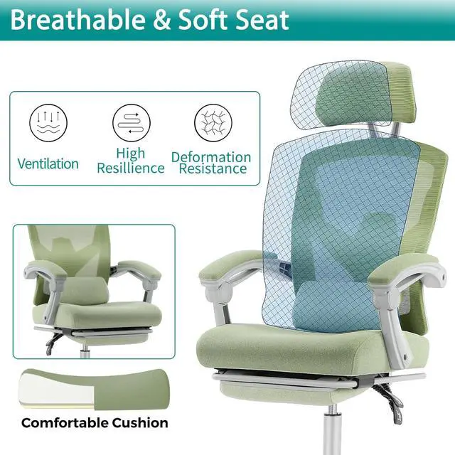 Alt view image 7 of 7 - Office Computer Desk Chair, Gaming Chairs for Adults, High-Back Mesh Rolling Swivel Reclining Chairs with Wheels, Comfortable Lumbar Support, Comfy Arms for Home, Office, Gaming, Student, Green