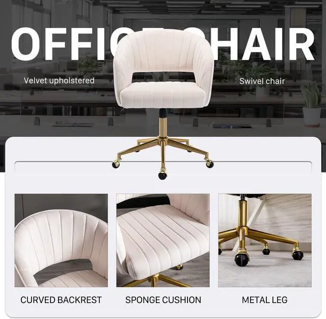 Alt view image 7 of 7 - Home Office Chair Swivel Velvet Desk Chair Accent Armchair Upholstered Modern Tufted Chairs with Gold Base for Girls Women Ergonomic Study Seat Computer Task Stools for Living Room(Cream)