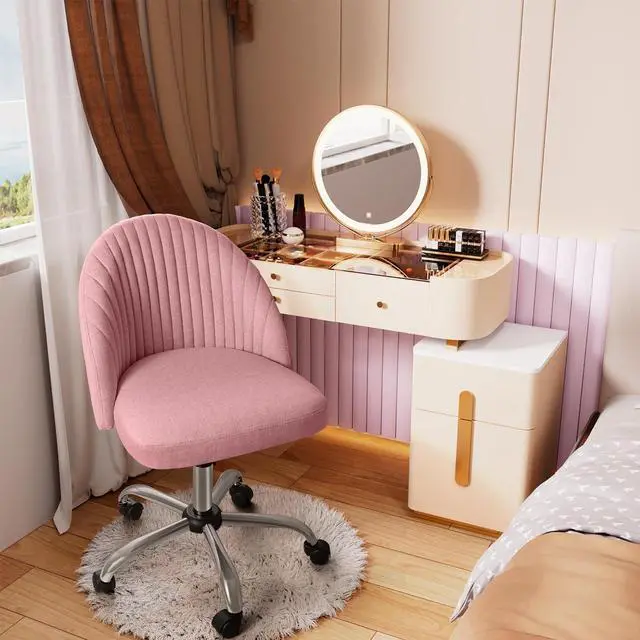 Alt view image 2 of 7 - Office Chair Armless Cute Desk Chair Modern Adjustable Swivel Padded Fabric Vanity Task Computer Chair Home Office Desk Chairs with Wheels (Pink)