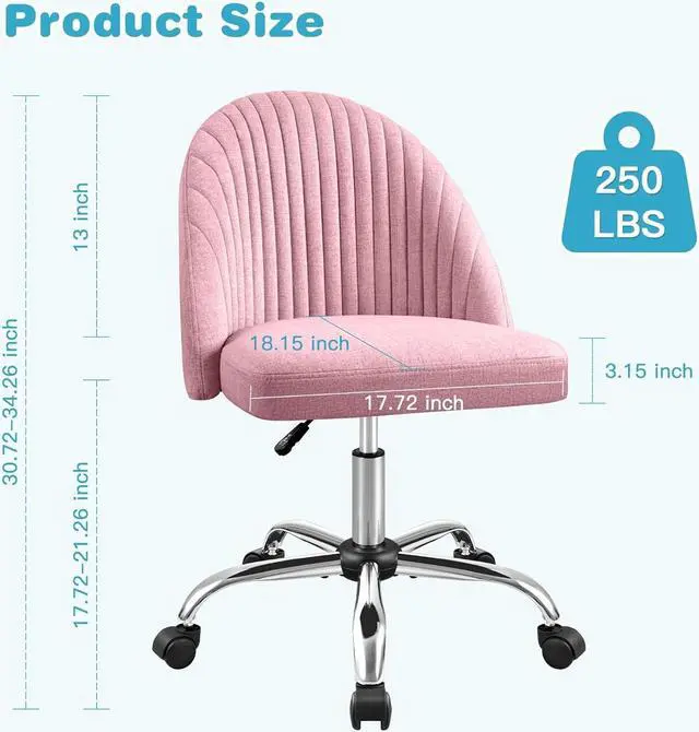 Alt view image 3 of 7 - Office Chair Armless Cute Desk Chair Modern Adjustable Swivel Padded Fabric Vanity Task Computer Chair Home Office Desk Chairs with Wheels (Pink)