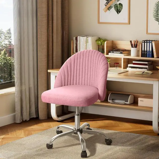 Alt view image 4 of 7 - Office Chair Armless Cute Desk Chair Modern Adjustable Swivel Padded Fabric Vanity Task Computer Chair Home Office Desk Chairs with Wheels (Pink)