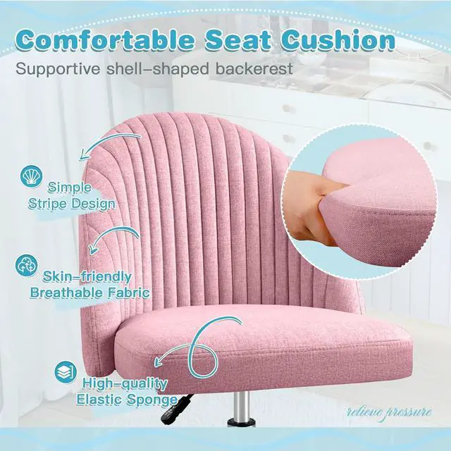 Alt view image 5 of 7 - Office Chair Armless Cute Desk Chair Modern Adjustable Swivel Padded Fabric Vanity Task Computer Chair Home Office Desk Chairs with Wheels (Pink)
