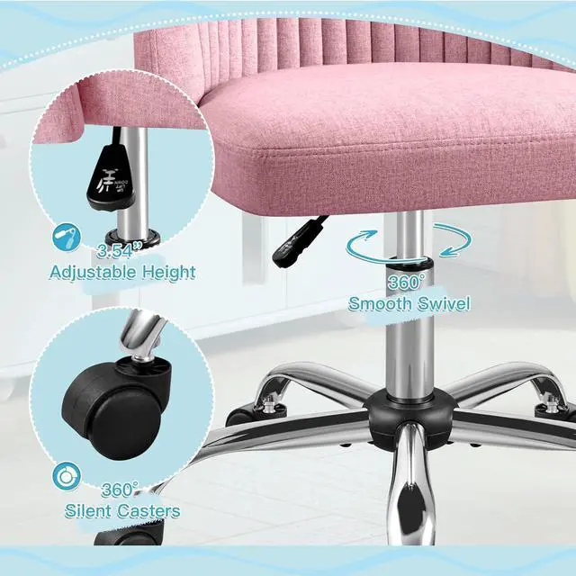Alt view image 6 of 7 - Office Chair Armless Cute Desk Chair Modern Adjustable Swivel Padded Fabric Vanity Task Computer Chair Home Office Desk Chairs with Wheels (Pink)