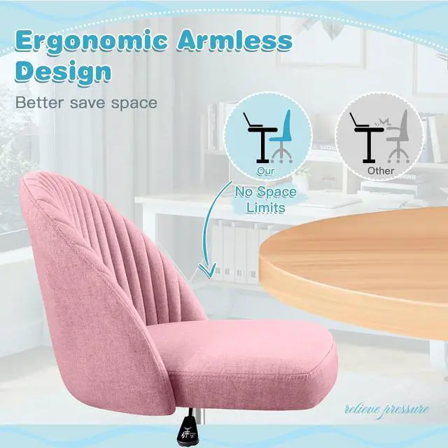 Alt view image 7 of 7 - Office Chair Armless Cute Desk Chair Modern Adjustable Swivel Padded Fabric Vanity Task Computer Chair Home Office Desk Chairs with Wheels (Pink)