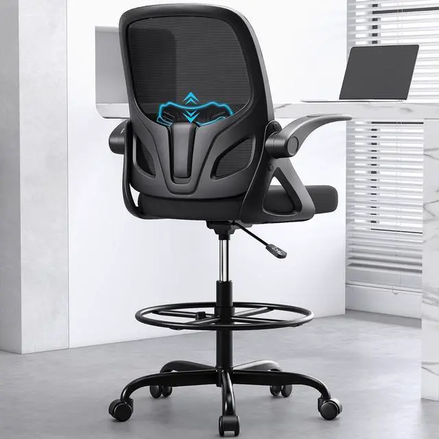 Main image of Drafting Chair Tall Office Chair for Standing Desk Adjustable Tall Desk Chair with Footrest Ring and Lumbar Support Ergonomic Computer Chair with Flip-up Armrests (Black)