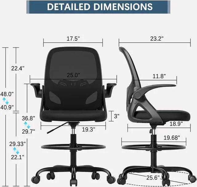 Alt view image 2 of 6 - Drafting Chair Tall Office Chair for Standing Desk Adjustable Tall Desk Chair with Footrest Ring and Lumbar Support Ergonomic Computer Chair with Flip-up Armrests (Black)