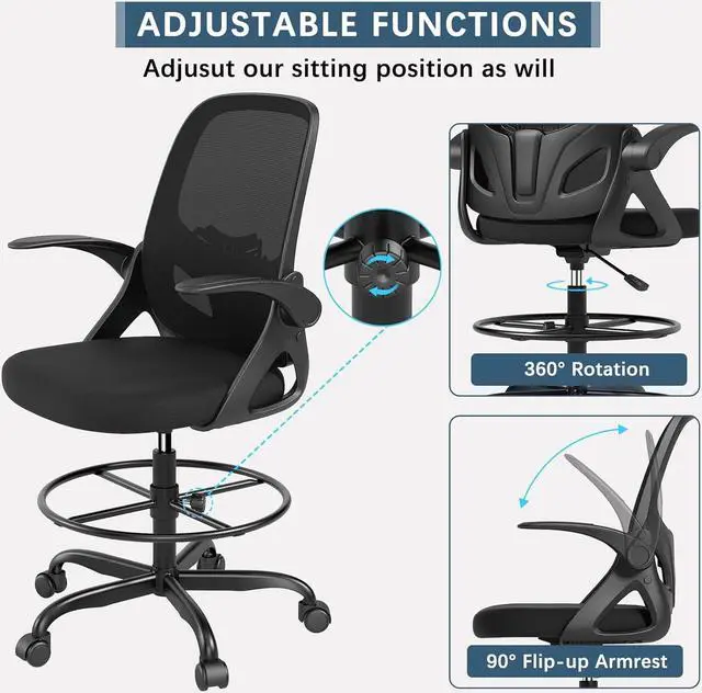 Alt view image 4 of 6 - Drafting Chair Tall Office Chair for Standing Desk Adjustable Tall Desk Chair with Footrest Ring and Lumbar Support Ergonomic Computer Chair with Flip-up Armrests (Black)