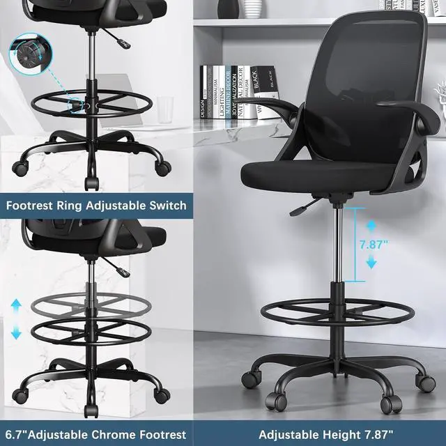 Alt view image 5 of 6 - Drafting Chair Tall Office Chair for Standing Desk Adjustable Tall Desk Chair with Footrest Ring and Lumbar Support Ergonomic Computer Chair with Flip-up Armrests (Black)