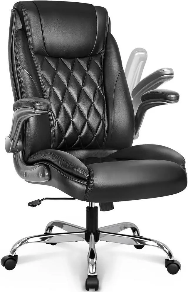 Main image of NEO CHAIR Office Chair Computer High Back Adjustable Flip-up Armrests Ergonomic Desk Chair Executive Diamond-Stitched PU Leather Swivel Task Chair with Armrests Lumbar Support (Black)